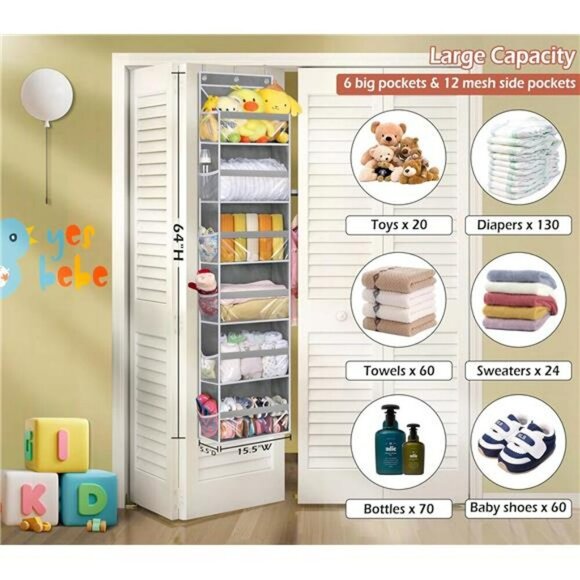 Over Door Organizer 6 Large 12 Side Pocket Hanging Storage Baby Closet Pantry - Picture 6 of 7